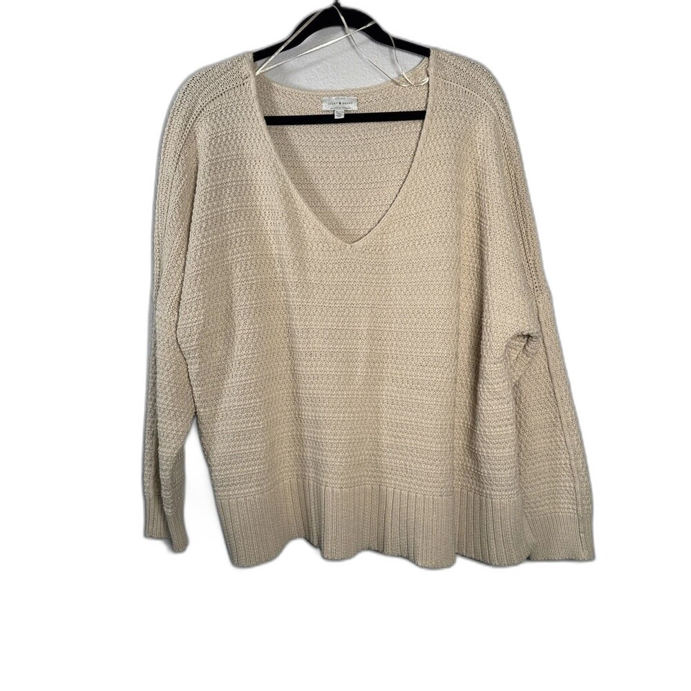 Lucky Brand Oversized V-Neck Sweater XL Beige Cozy Textured Knit